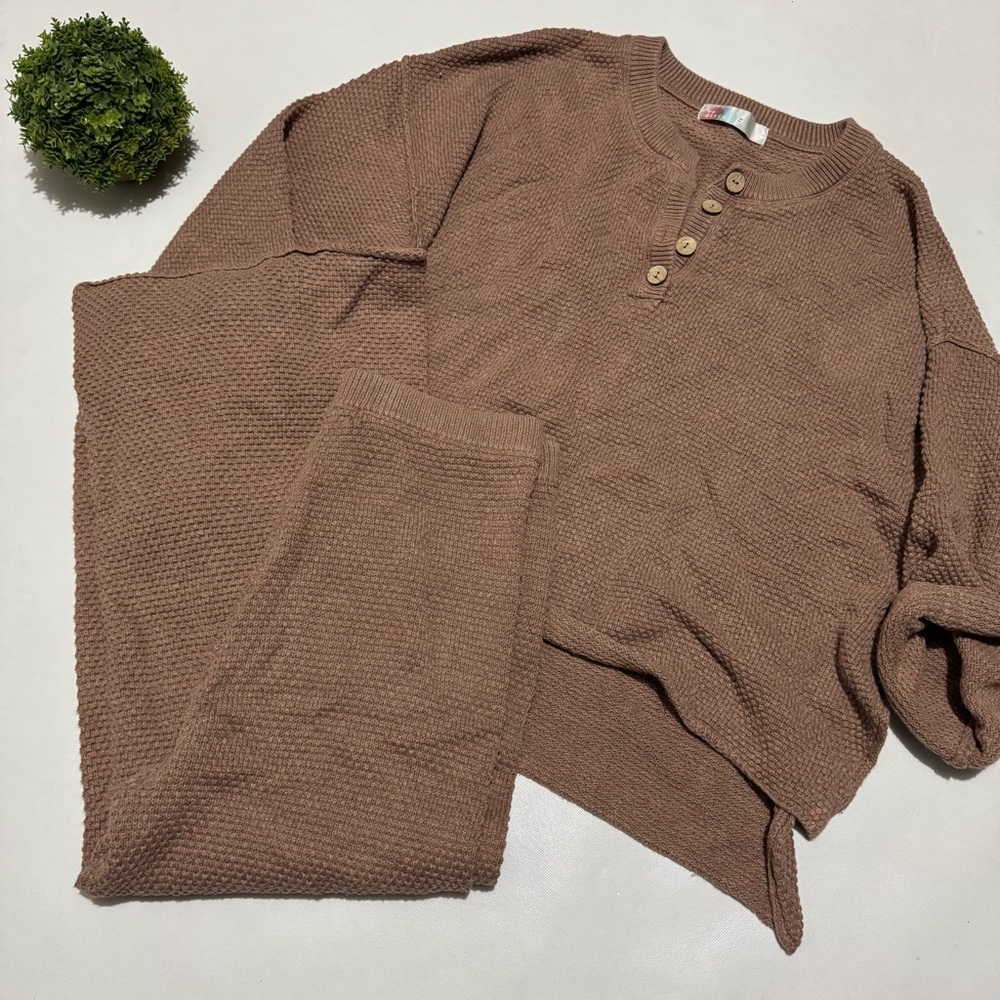 Free People Beach Hailee Set Chunky Knit Pajamas Lounge Size Medium Brown Tan